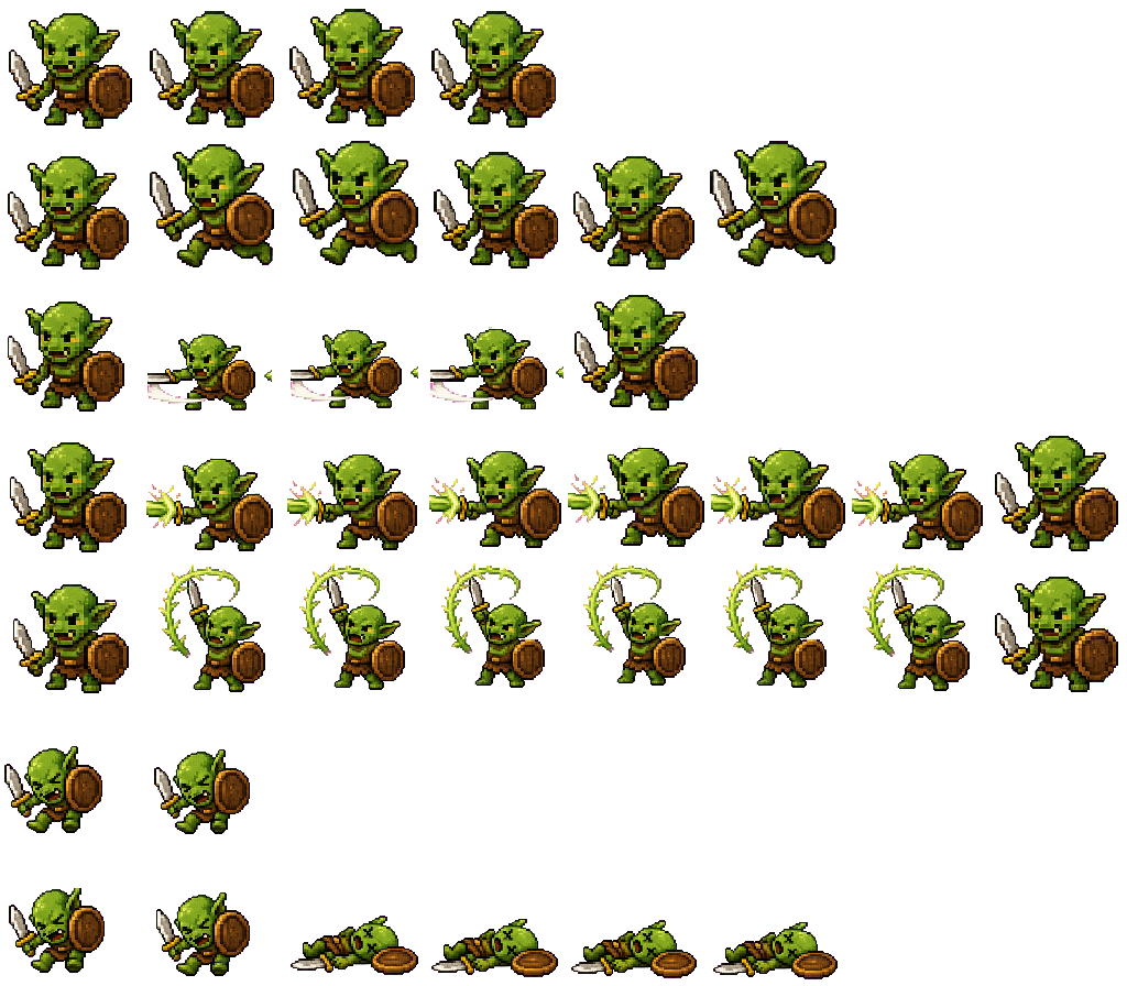 Mossfang Goblin animated sprite sheet, shown at its idle frame