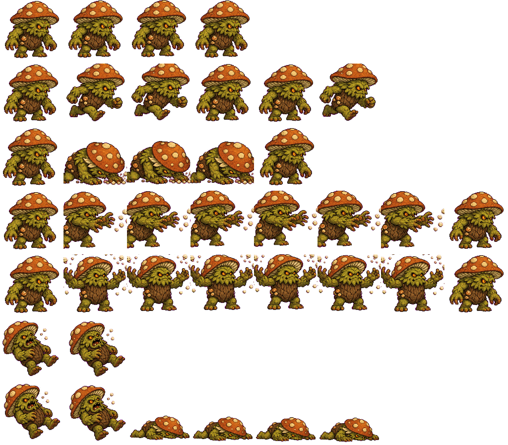 Mirecap Myconid animated sprite sheet, shown at its idle frame